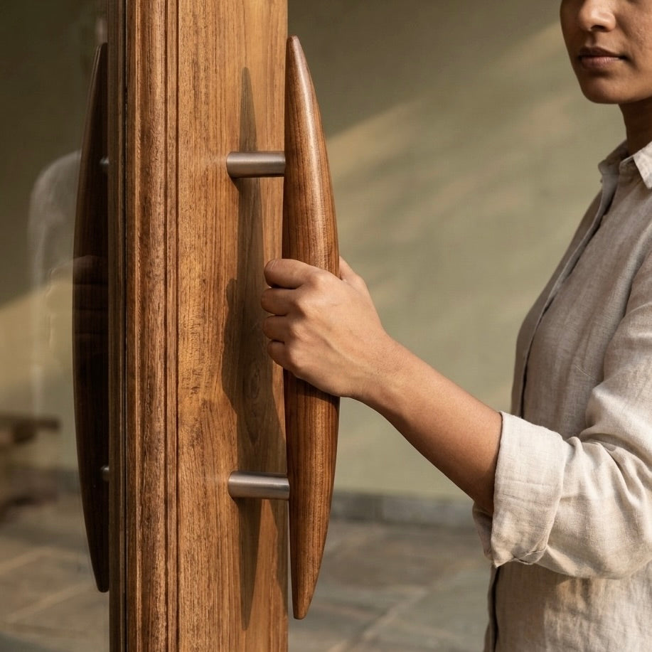 Teak Front Door Pull Handle in natural finish for elegant entryways