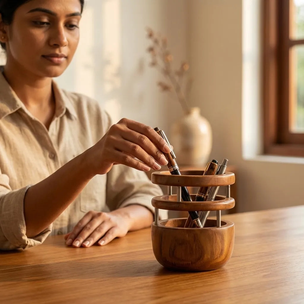 Teak wood pen holder in brown for organizing pens stylishly