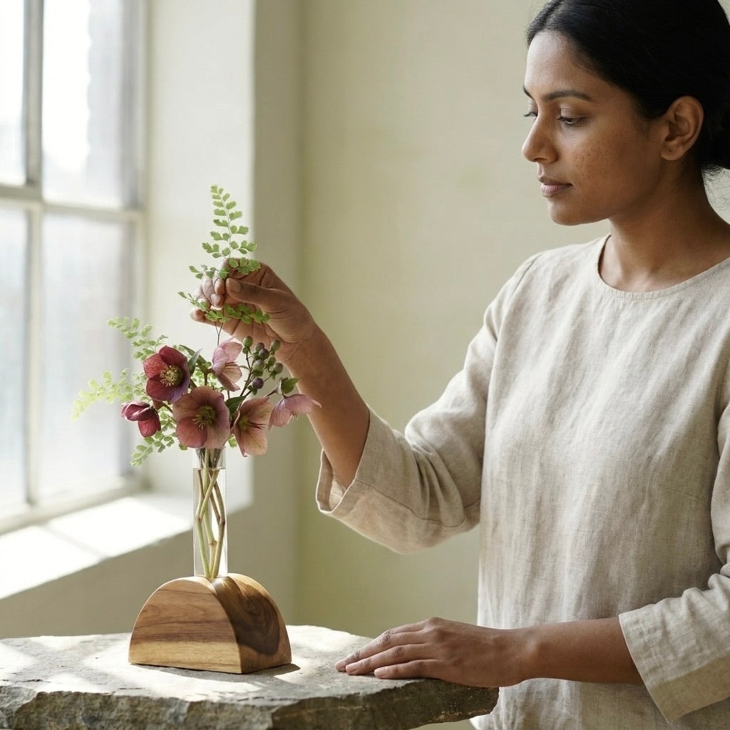 Teak half-circle flower holder with test tube, ideal for elegant floral displays