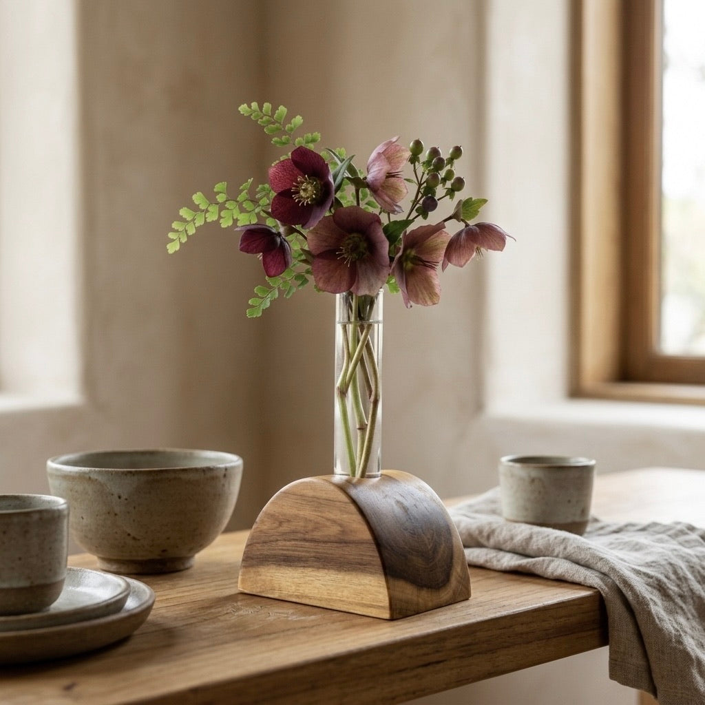 Teak Half-Circle Flower Holder with Glass Test Tube for Fresh Flowers
