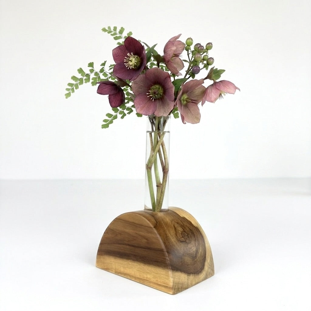 Teak Half-Circle Flower Holder with Test Tube for Elegant Floral Arrangements