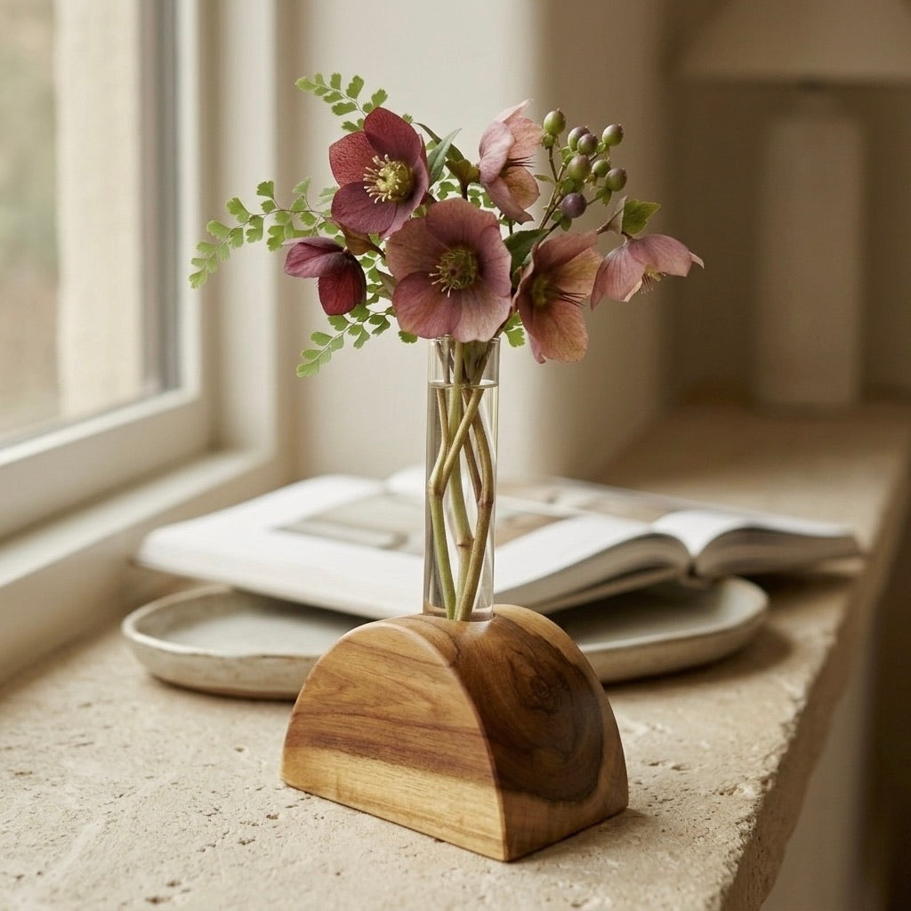 Half-Circle Flower Holder made from teak with a natural finish displaying flowers