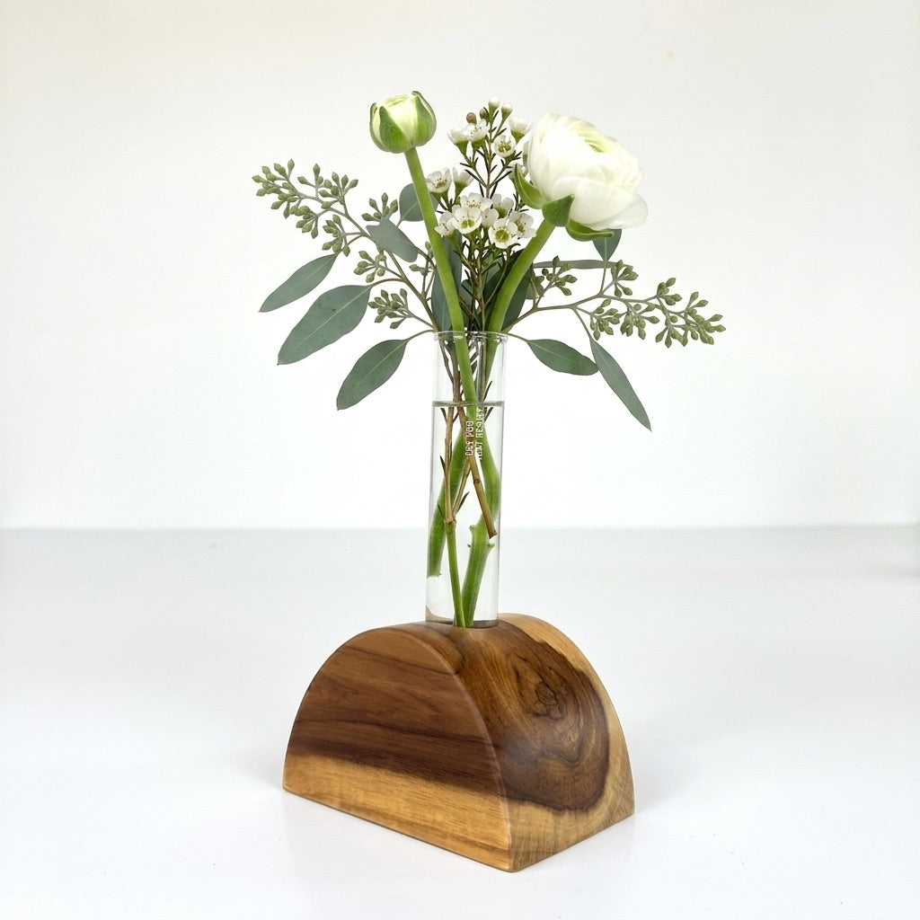 Half-Circle Flower Holder in teak with test tube for displaying floral arrangements