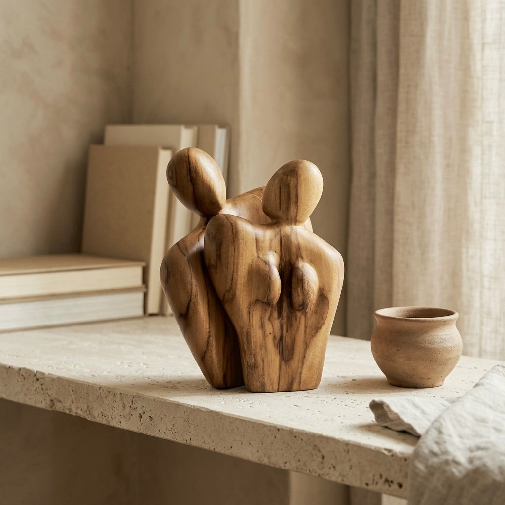 Hand-Carved Teak Couple Sculpture in natural wood finish for home decor