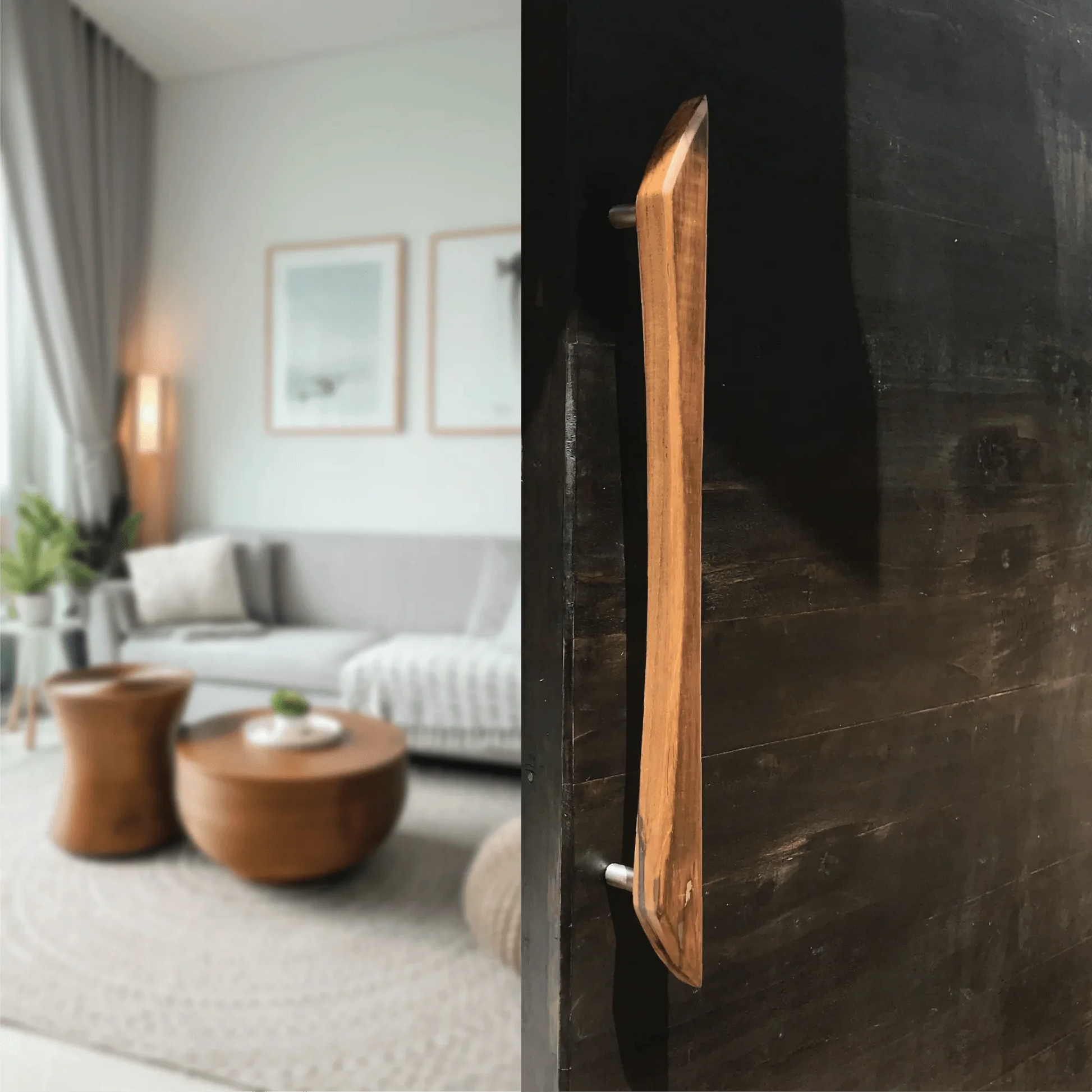 Handmade barn door handles by Wood Ceylon installed on a dark wooden door in a modern living room