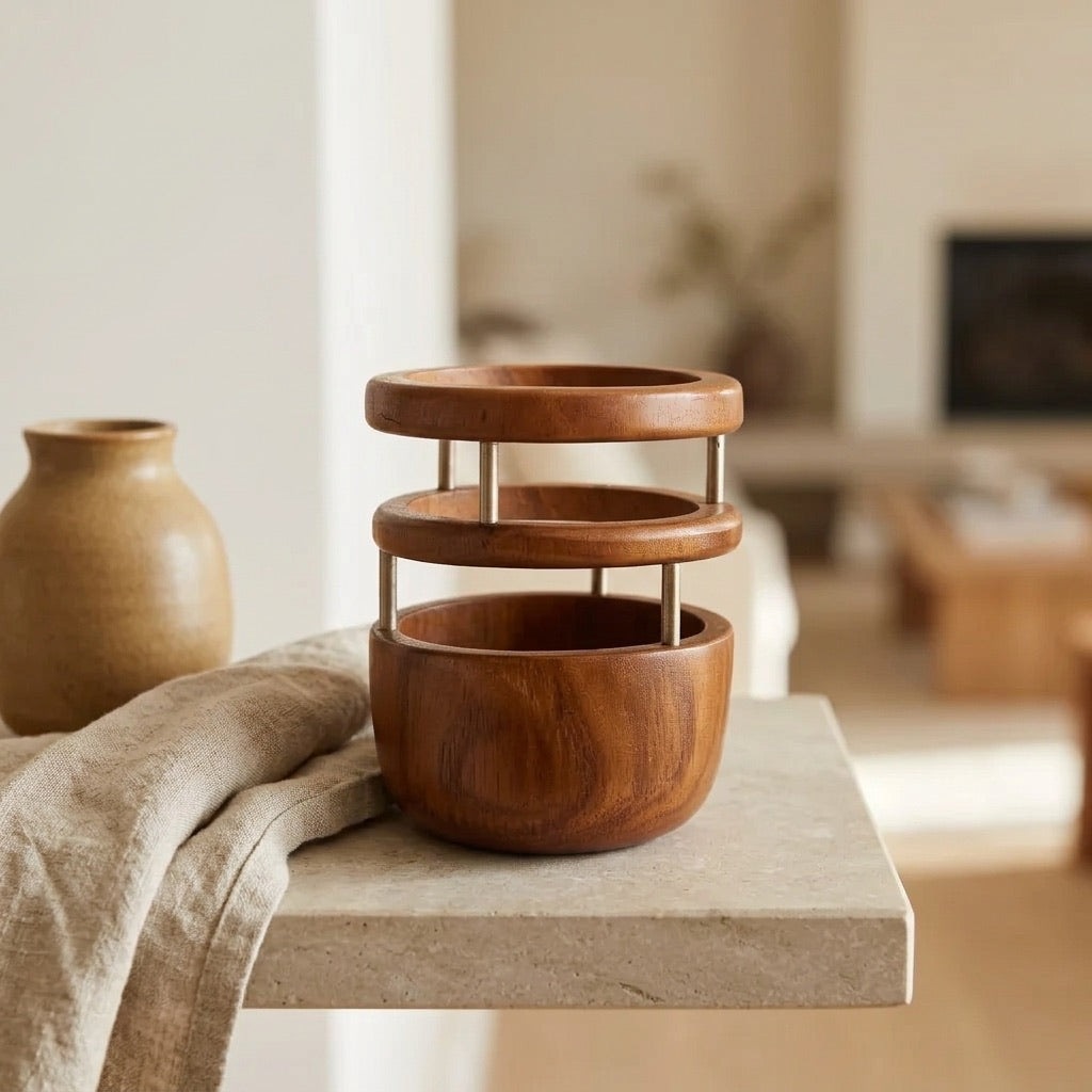 Handmade Teak Pen Holder in natural finish, perfect for desk organization
