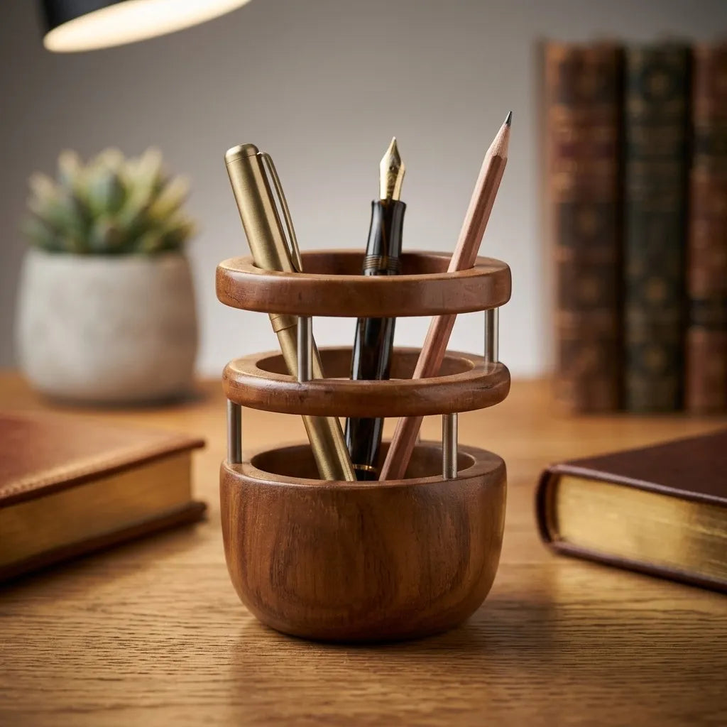 Handmade Teak Pen Holder with a natural finish, perfect for organizing desk supplies