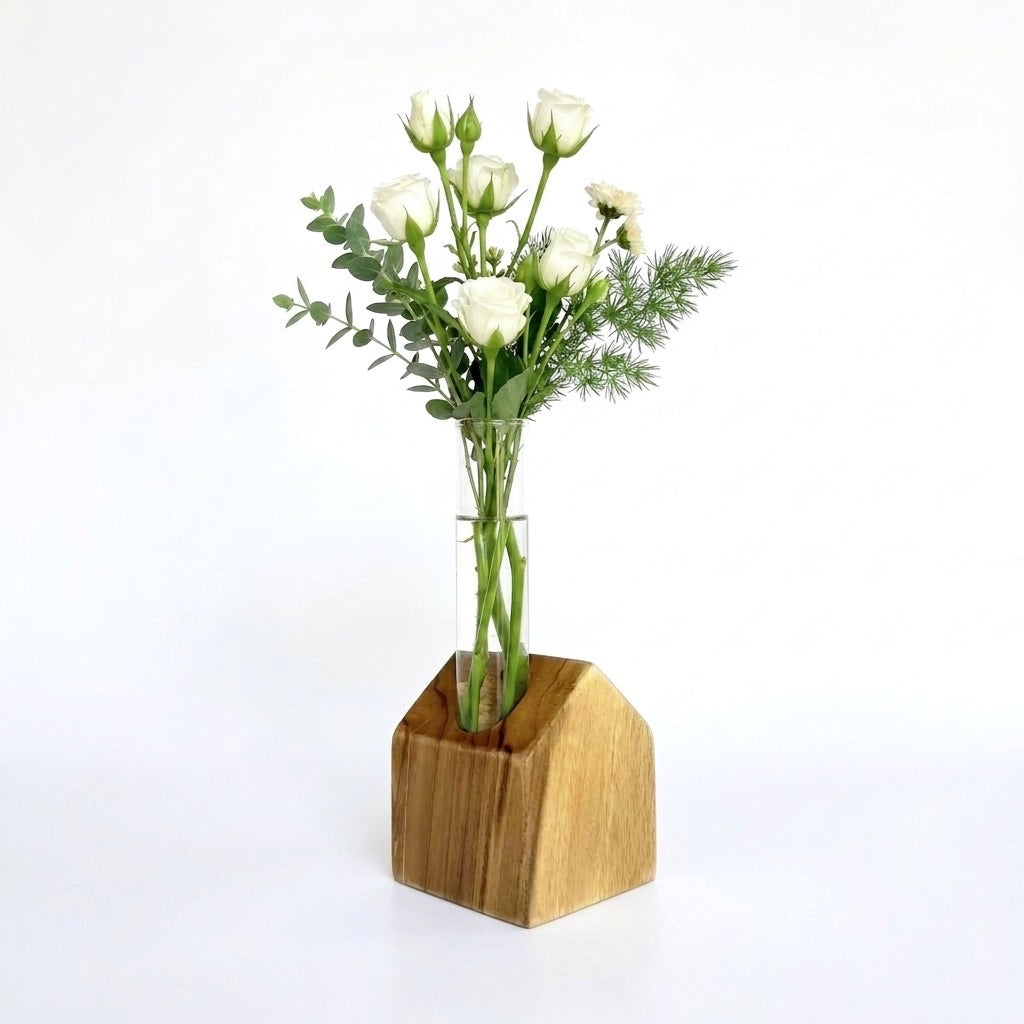 House-Shaped Teak Vase with glass tube for displaying flowers
