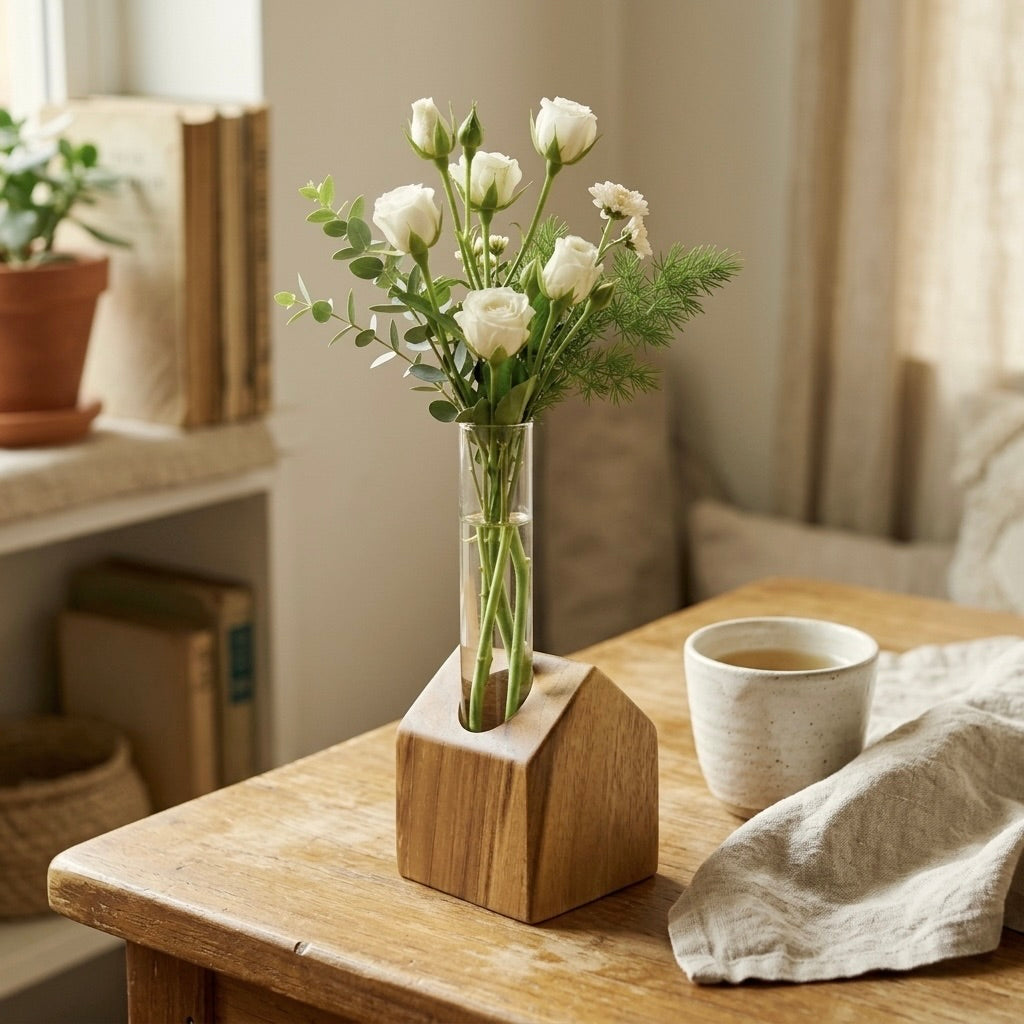 House-Shaped Teak Vase with Clear Test Tube for Floral Arrangements