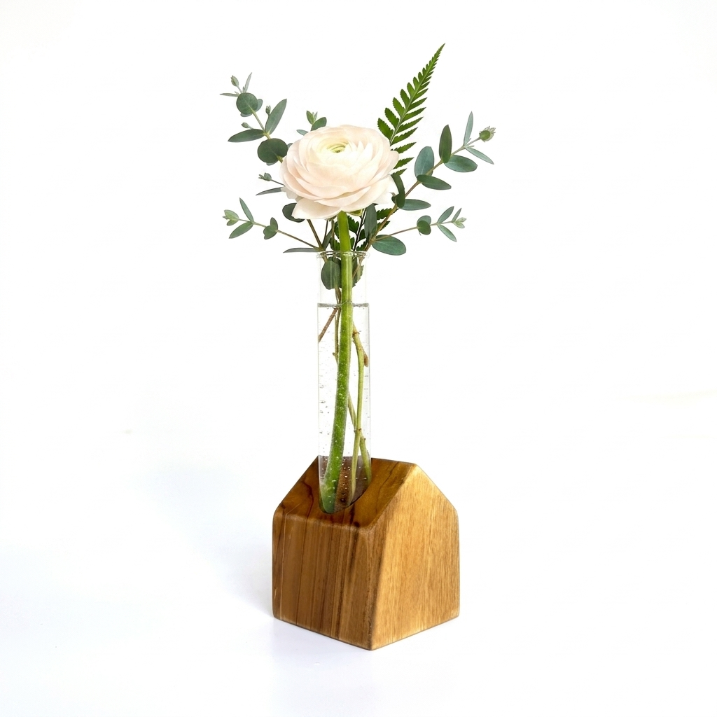 House-Shaped Teak Vase with Clear Test Tube for Fresh Flowers
