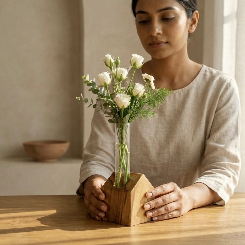 House-Shaped Teak Vase with Clear Test Tube holding fresh flowers