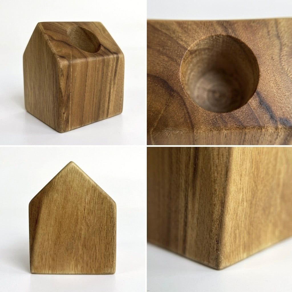 House-Shaped Teak Vase in natural finish for stylish floral displays