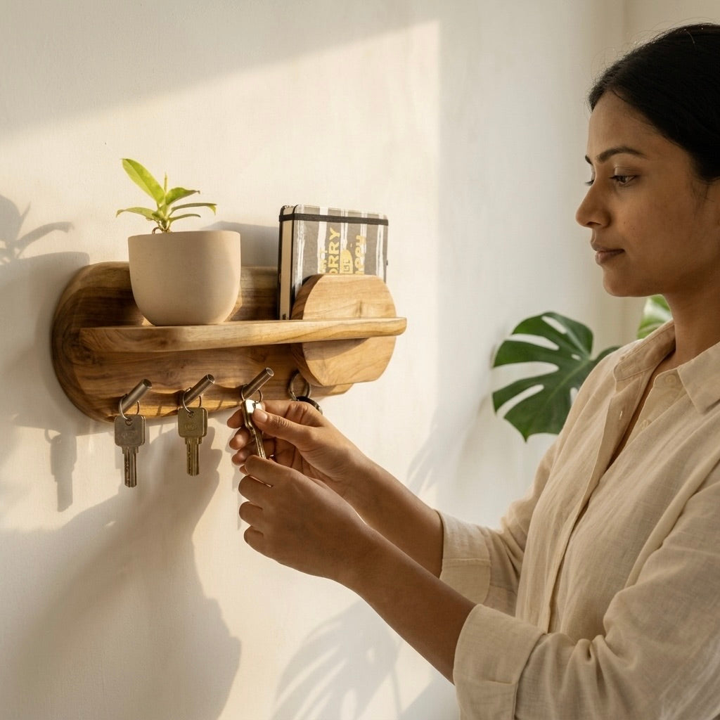 Teak key holder with shelf in natural finish and plant decor