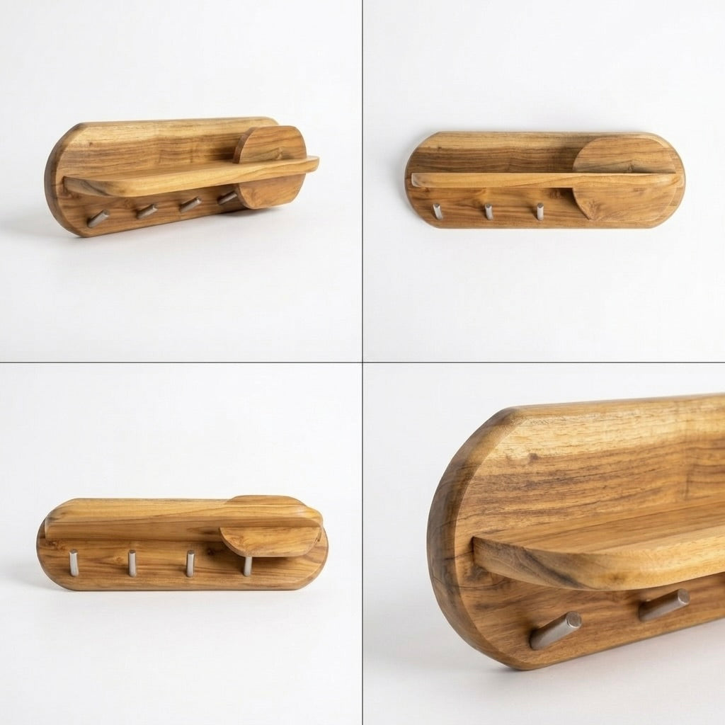 Teak key holder with shelf in natural finish for organized storage