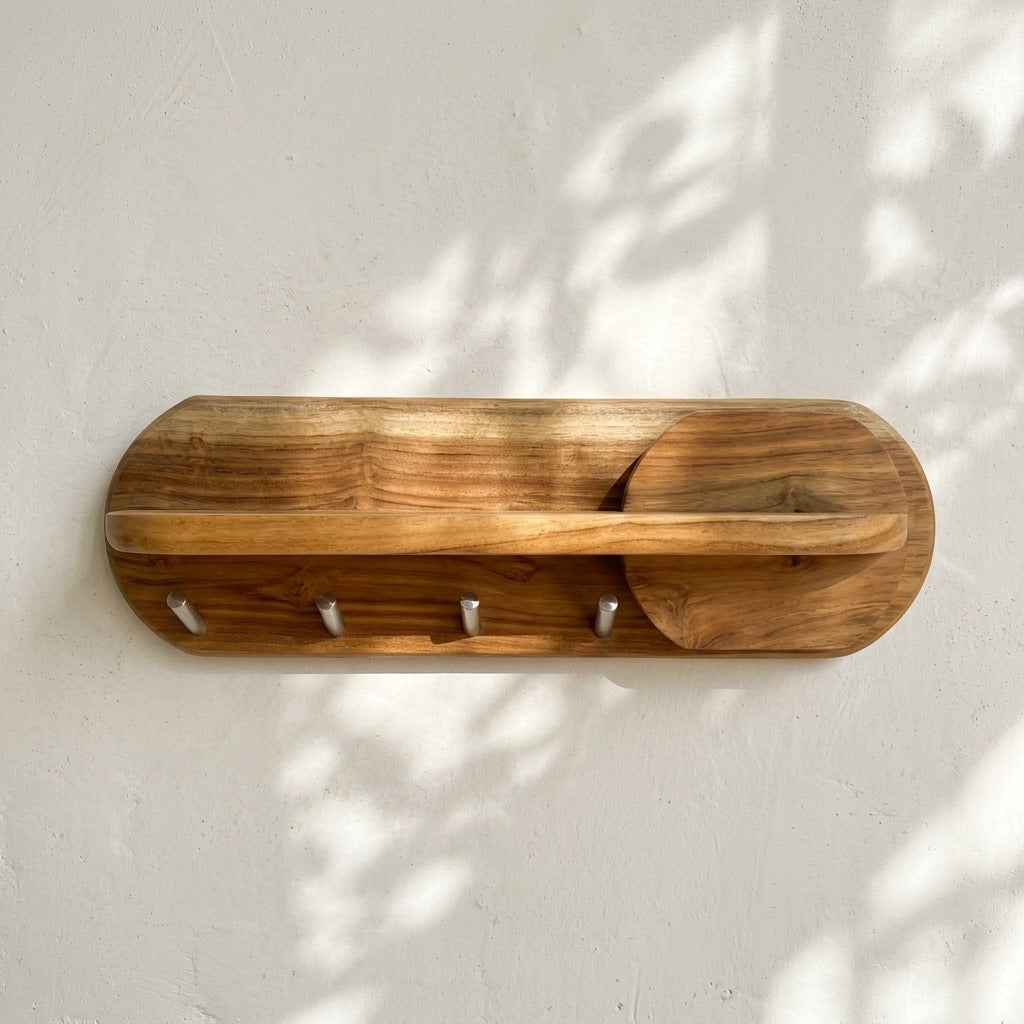 Teak wood key holder with shelf in natural finish for organizing keys