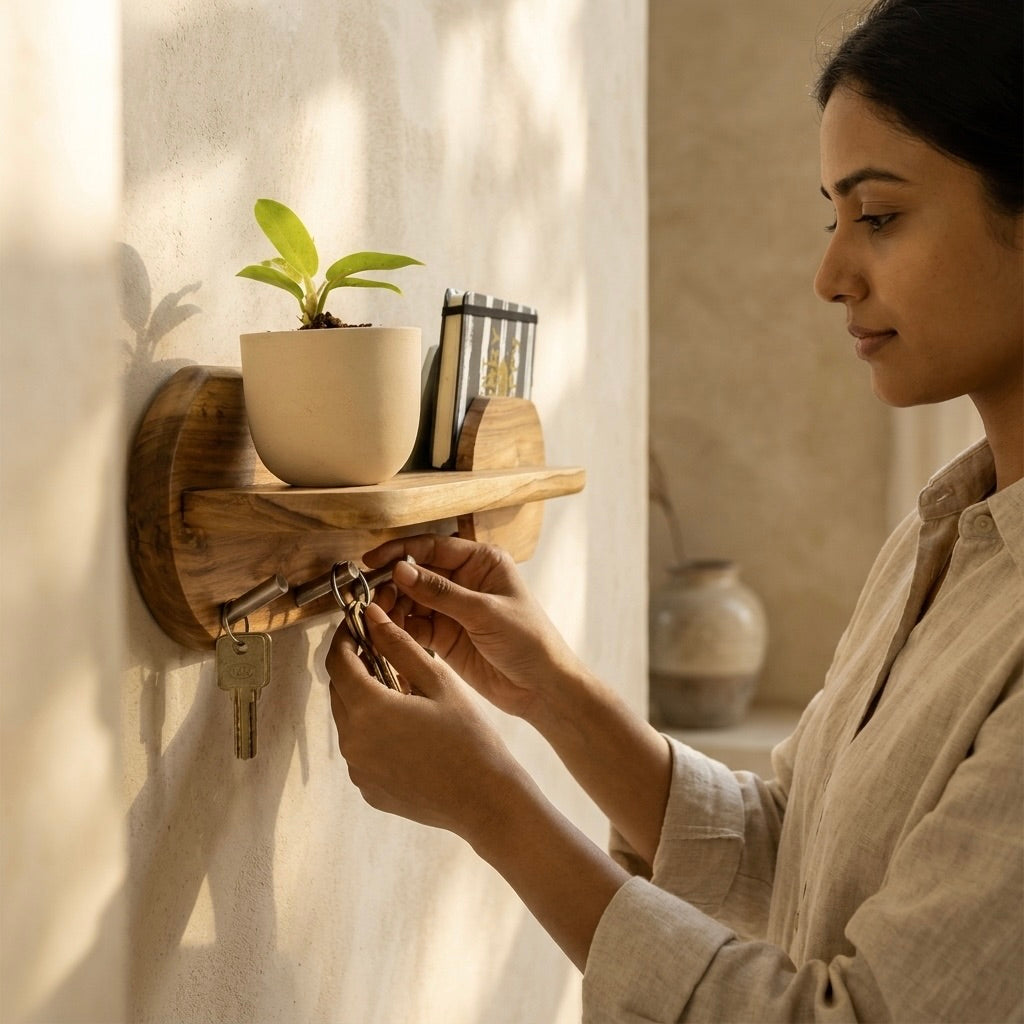 Teak key holder with shelf and plant for organized entryways