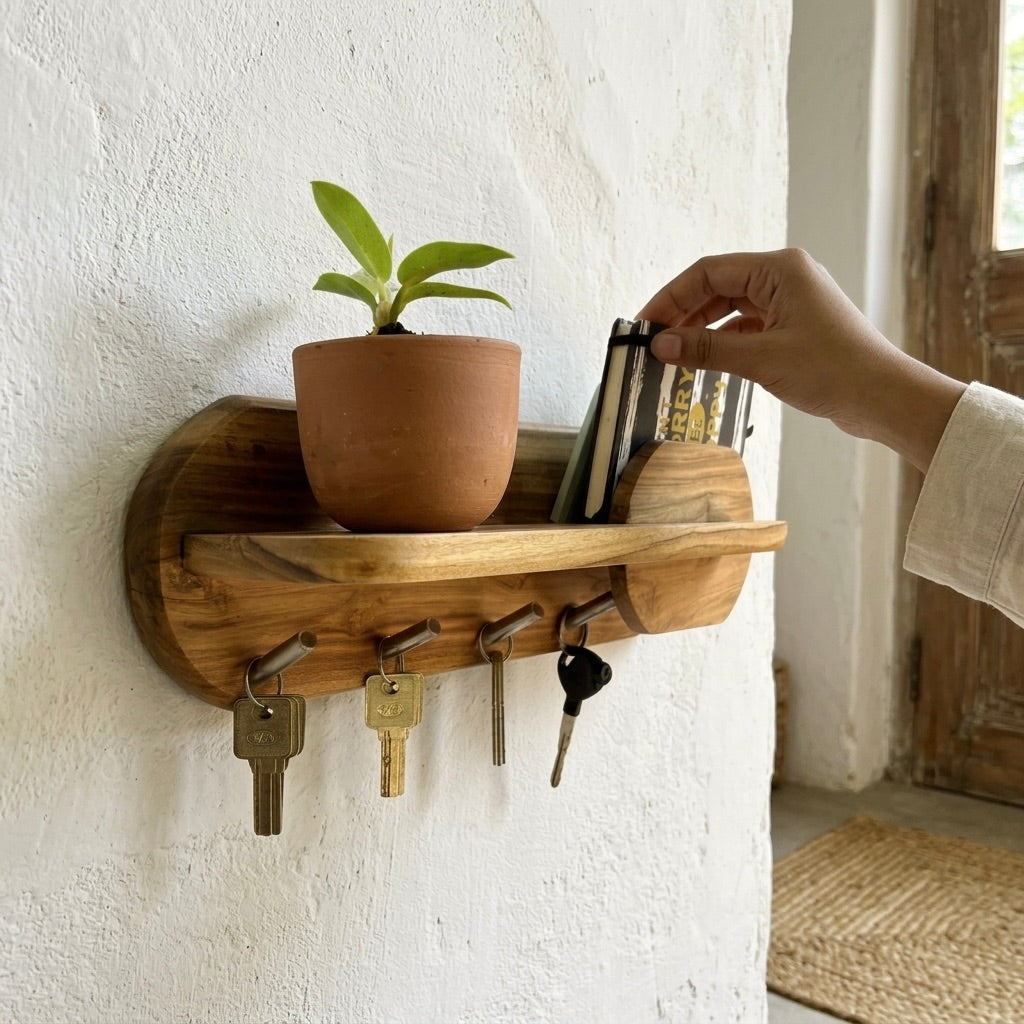 Teak key holder with shelf in natural finish, perfect for organizing keys and displaying plants