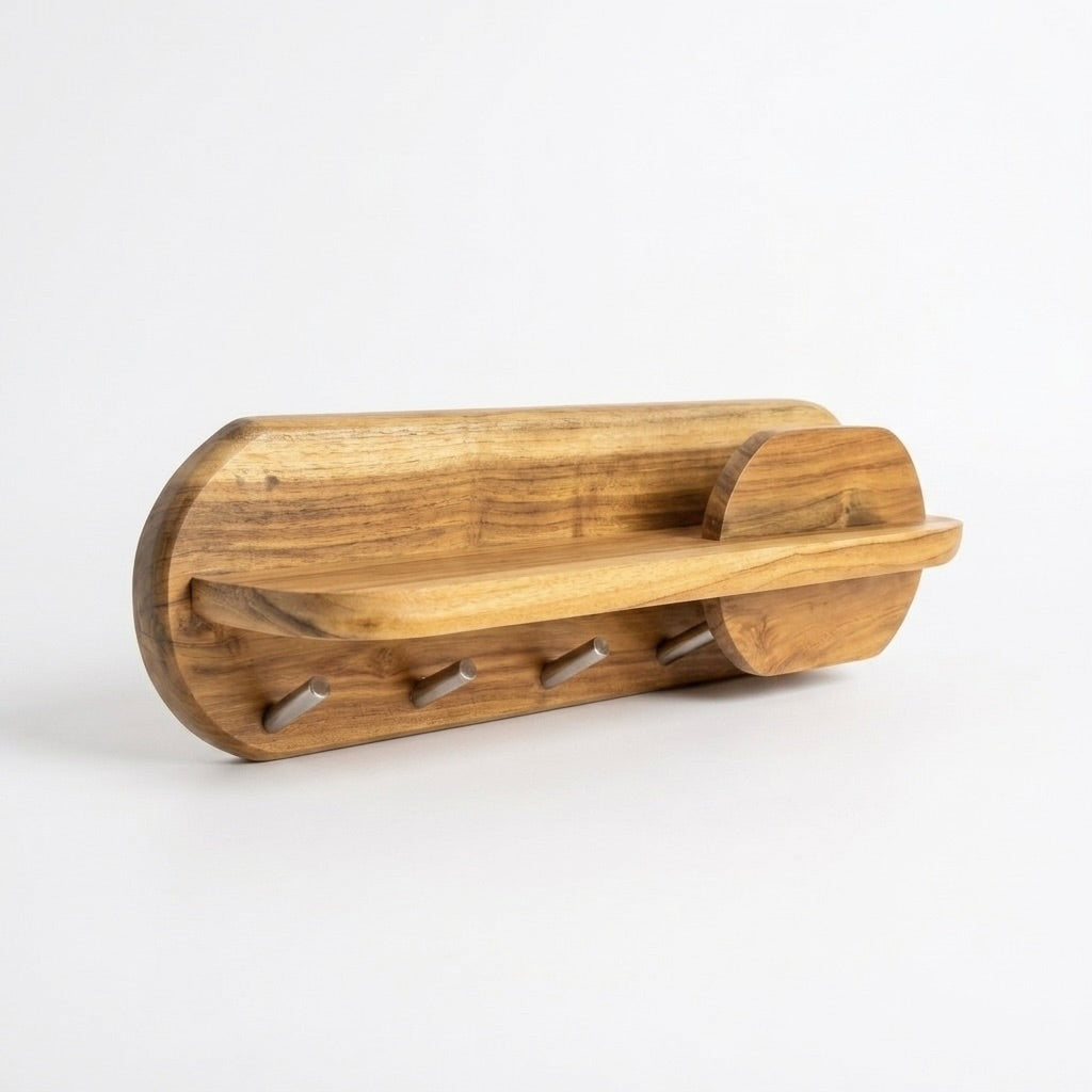 Teak key holder with shelf in natural finish for organized entryways