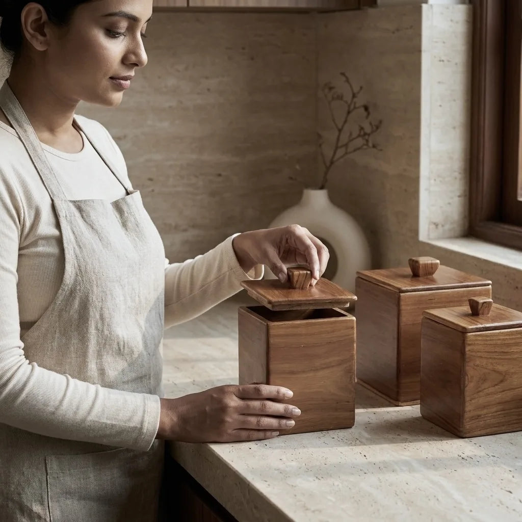 Teak kitchen canister set in natural finish for stylish storage