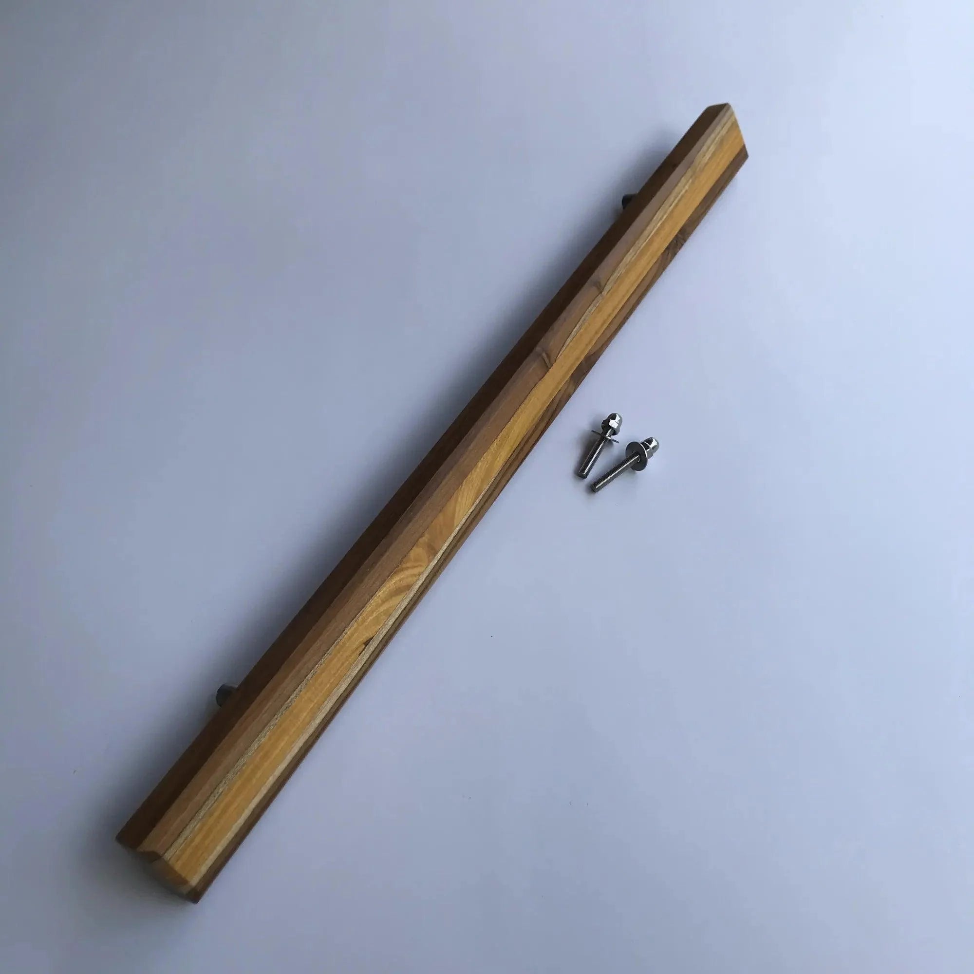 Large wooden door handle by Wood Ceylon with natural wood grain and included mounting screws