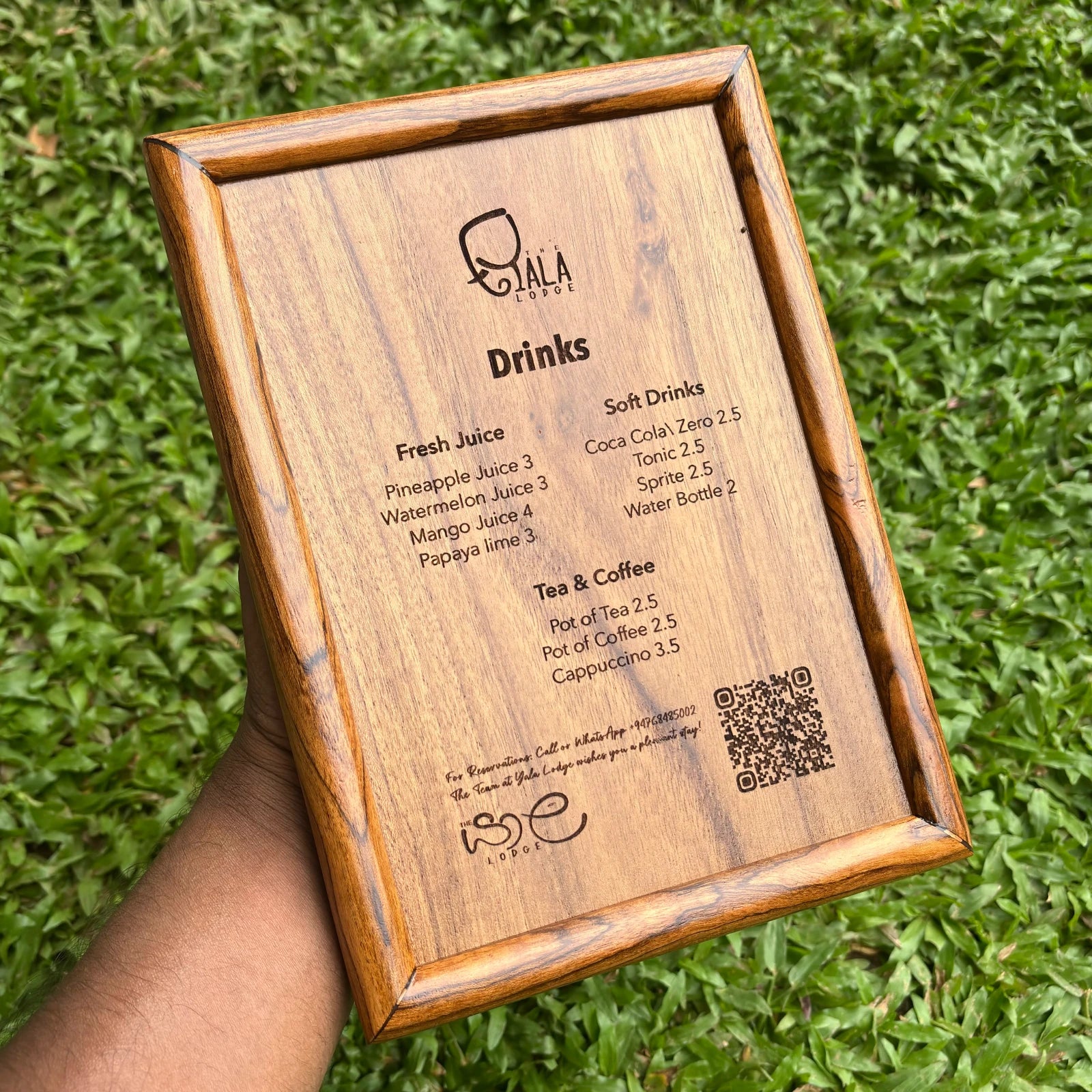 Wooden laser engraved menu card displaying drinks options with a natural wood frame by Wood Ceylon