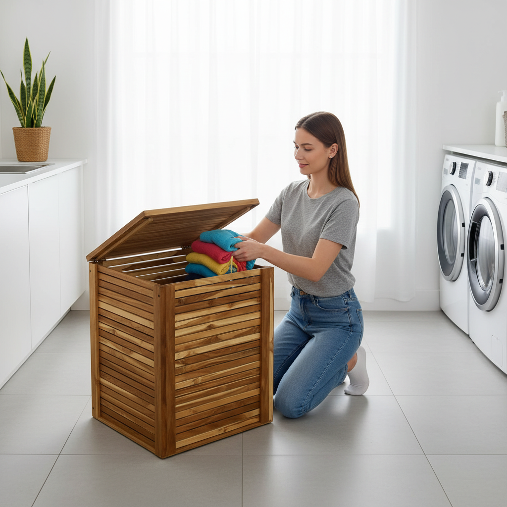 Wood Ceylon Laundry Bin with Lid for Organizing Clothes in a Modern Laundry Room