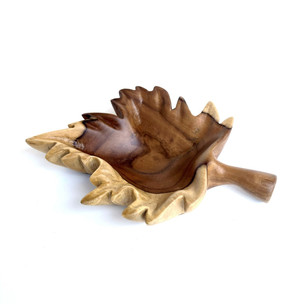 Leaf Shape Carved Tray in teak wood, natural finish for serving or decor