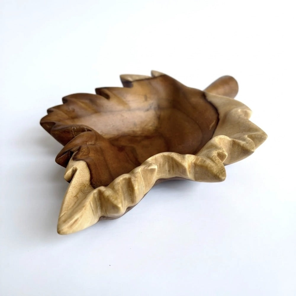 Teak Leaf Shape Carved Tray in natural finish, perfect for serving snacks