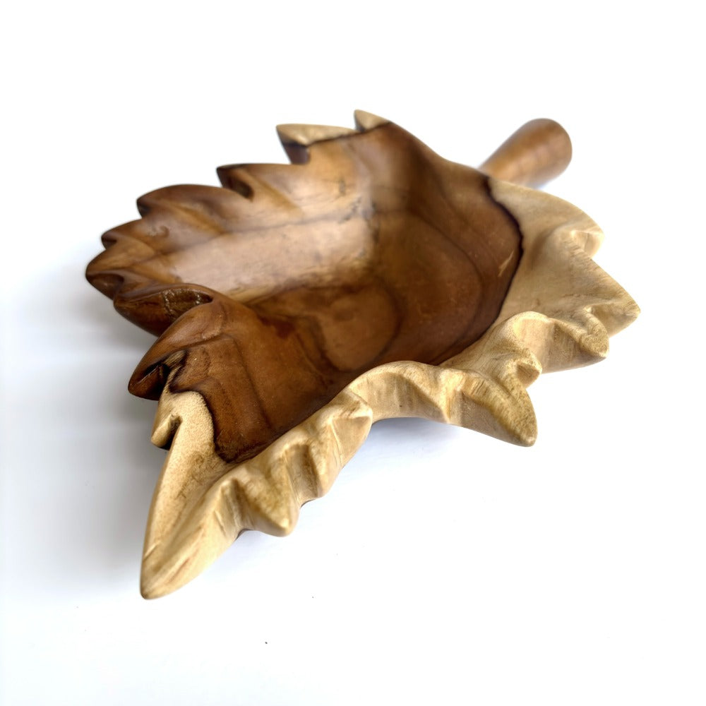 Leaf Shape Carved Tray in teak wood, natural finish for elegant serving