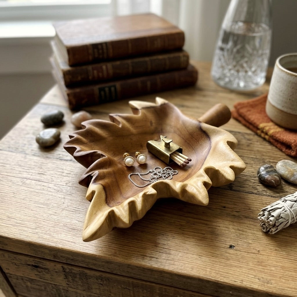 Leaf Shape Carved Tray in teak, natural finish, perfect for jewelry display.