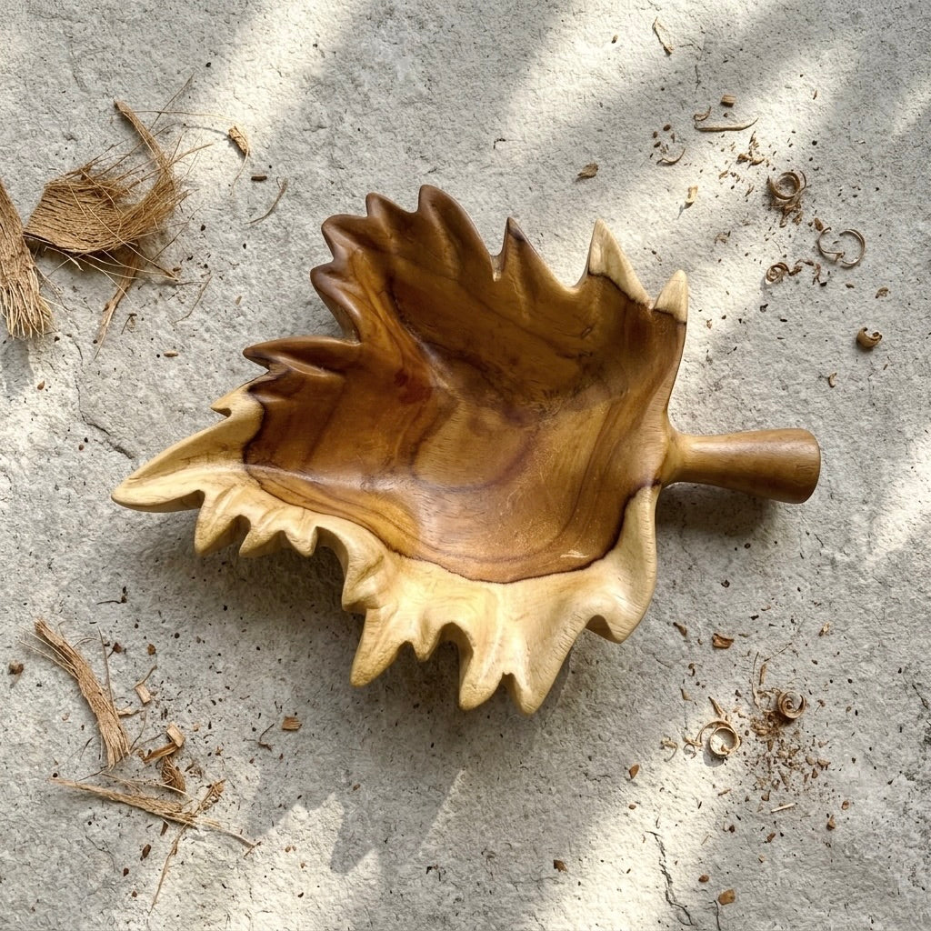Leaf Shape Carved Tray in teak wood, natural finish for serving snacks or decor