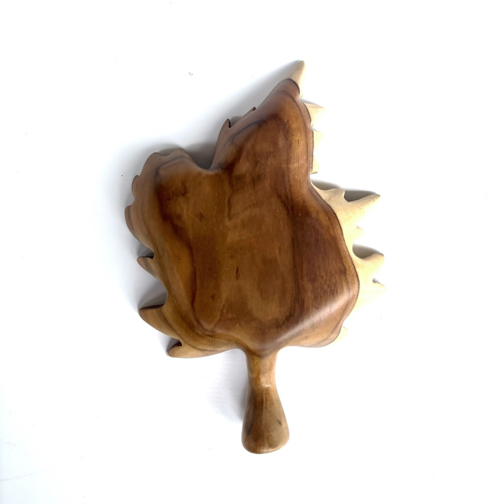 Leaf Shape Carved Tray in teak wood with natural finish for serving snacks