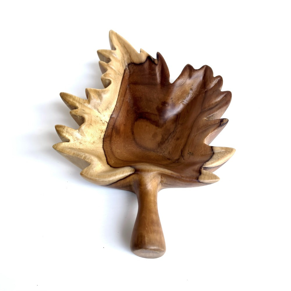Wood Ceylon Leaf Shape Carved Tray in natural teak, ideal for serving snacks.