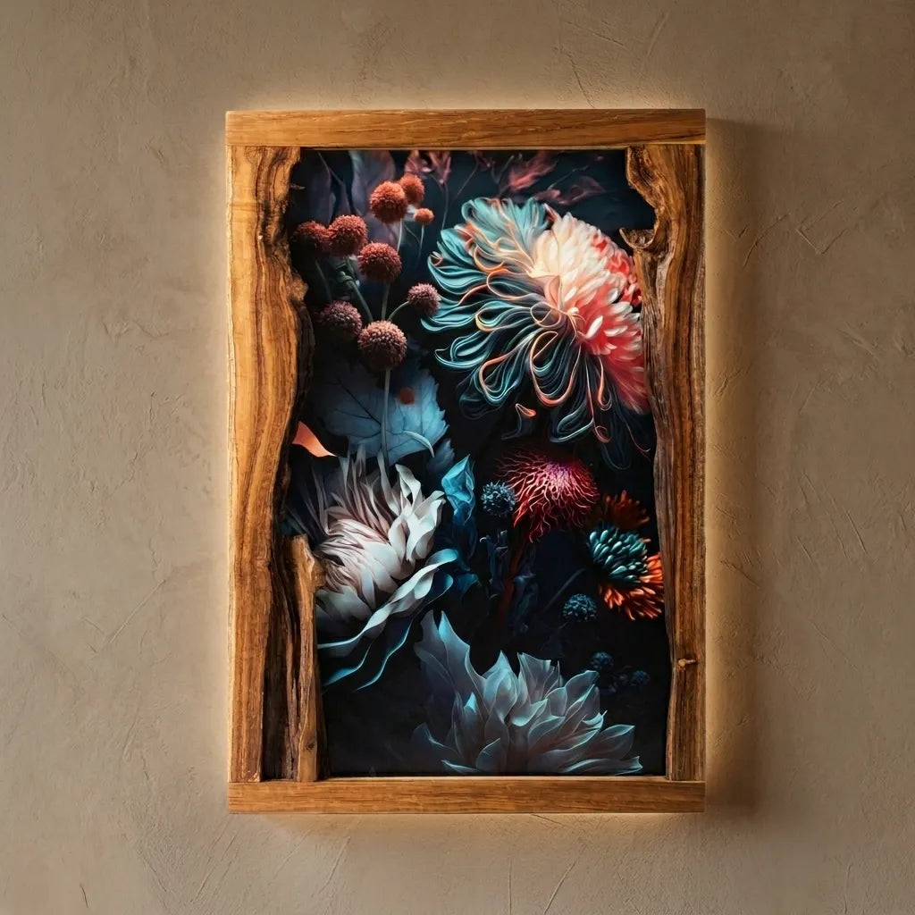 Live edge picture frame in teak wood showcasing vibrant floral art
