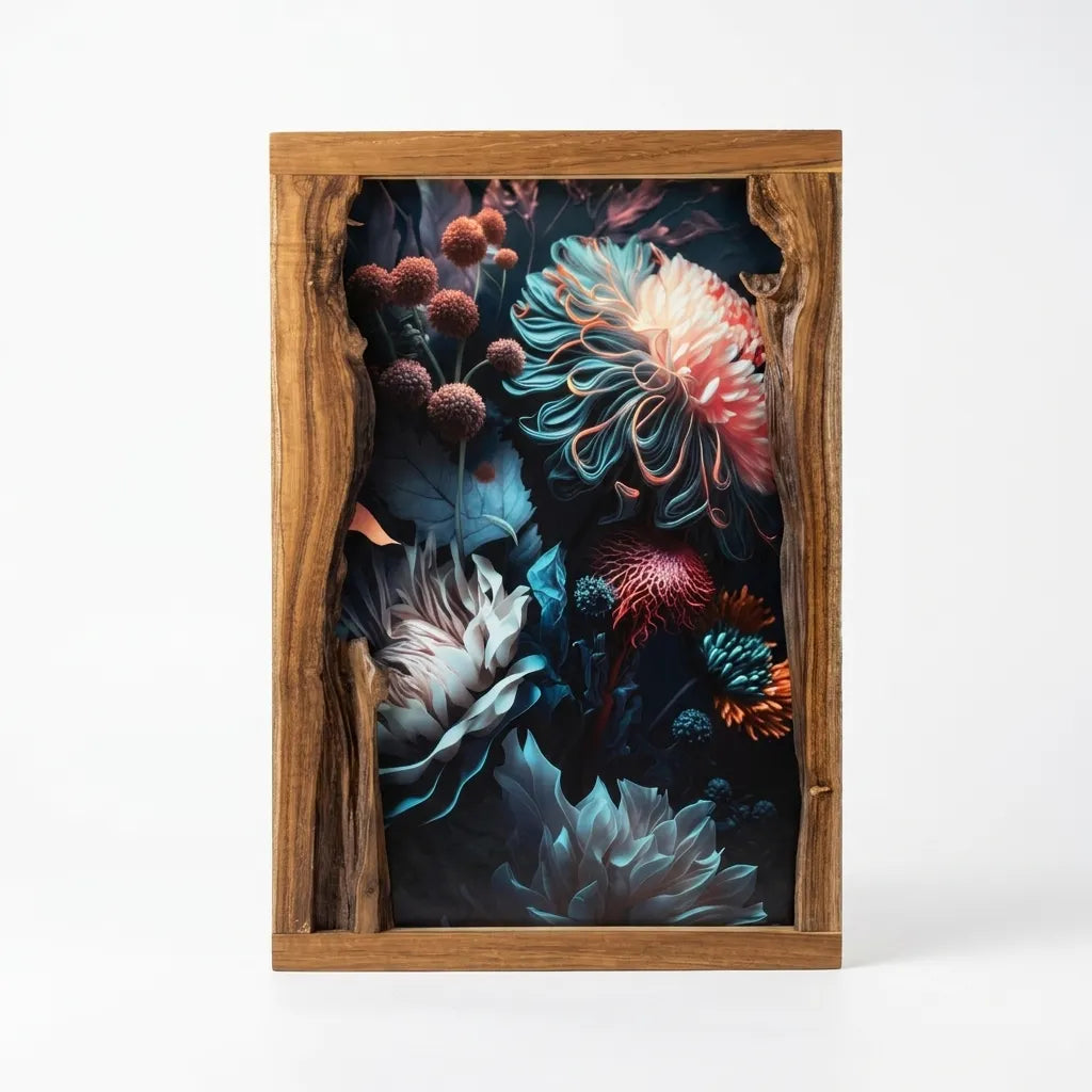 Live edge picture frame made of teak showcasing vibrant floral artwork