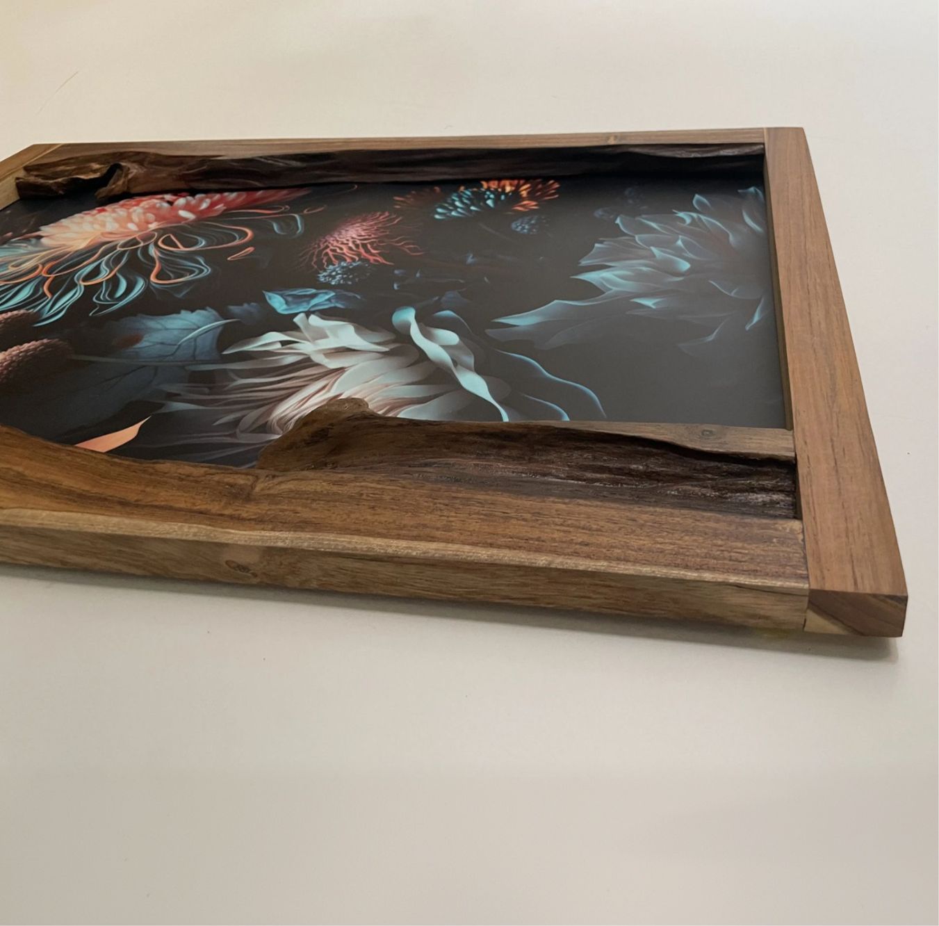 Teak live edge picture frame in natural wood finish.