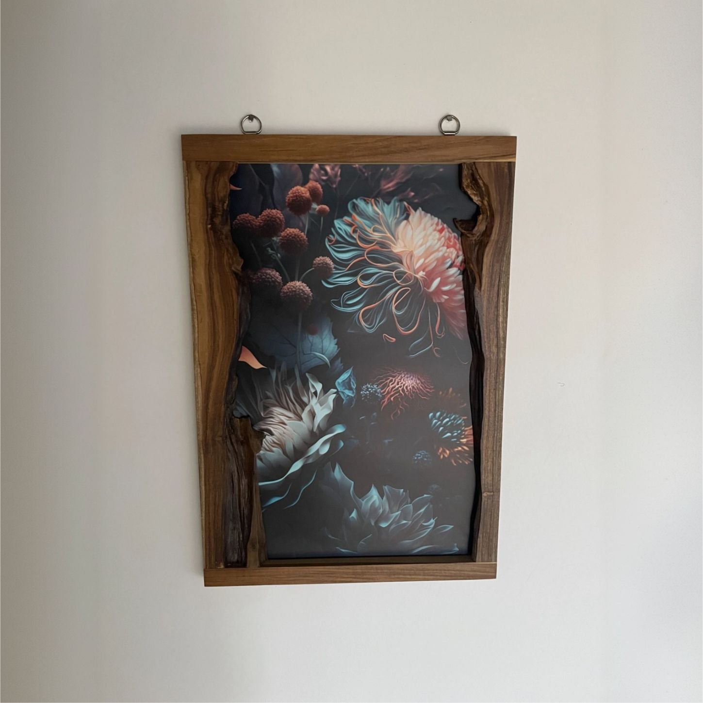 Live edge picture frame made of teak wood, showcasing vibrant floral art