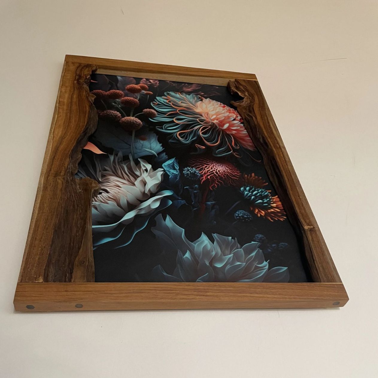 Teak wood live edge picture frame with floral artwork