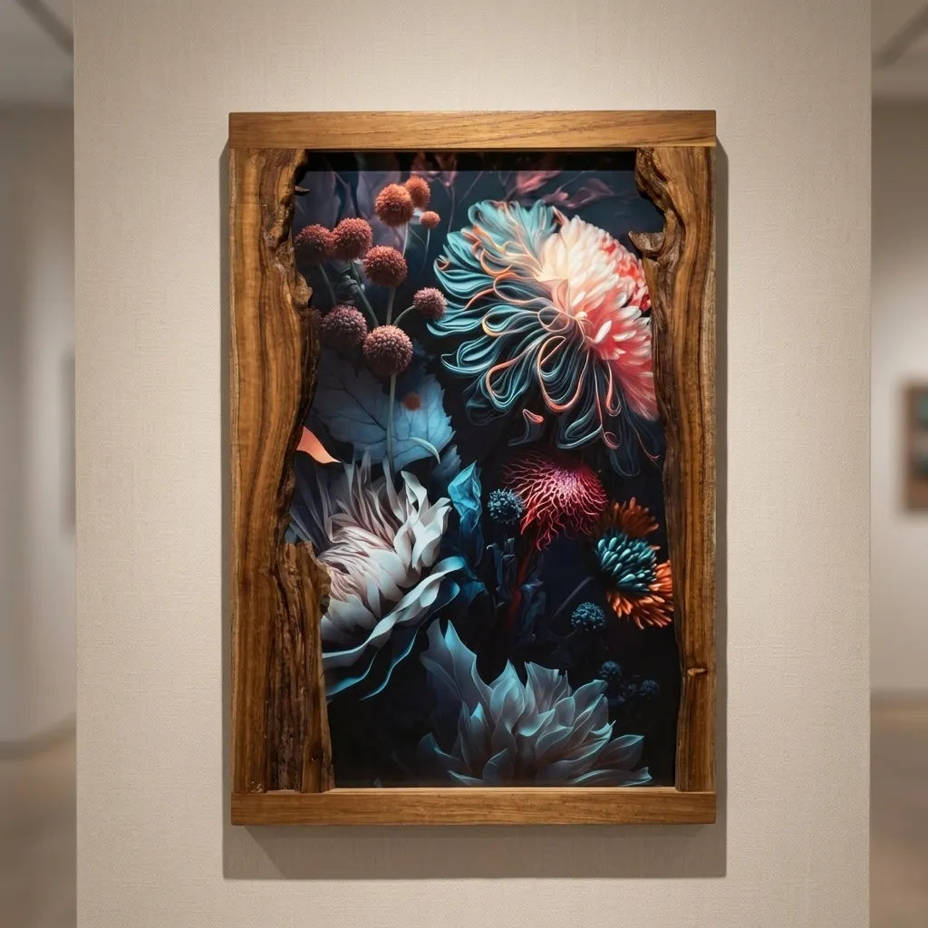 Live edge picture frame in teak showcasing vibrant floral artwork