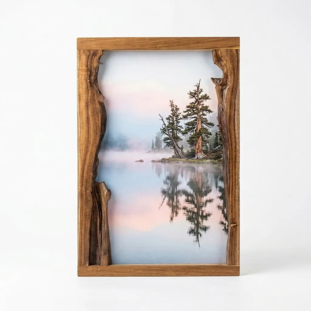 Live edge picture frame made of teak wood in natural finish showcasing a serene landscape