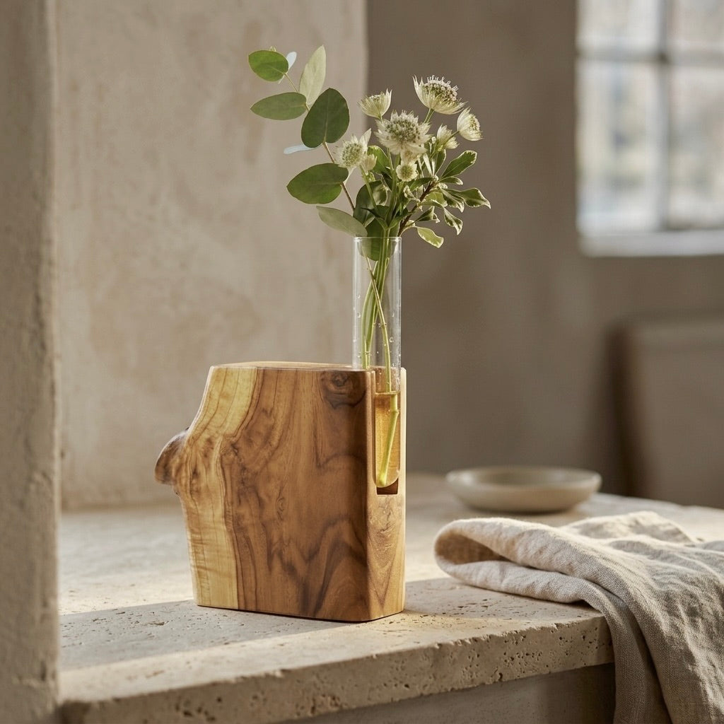 Live Edge Teak Vase with Clear Test Tube for Fresh Flowers