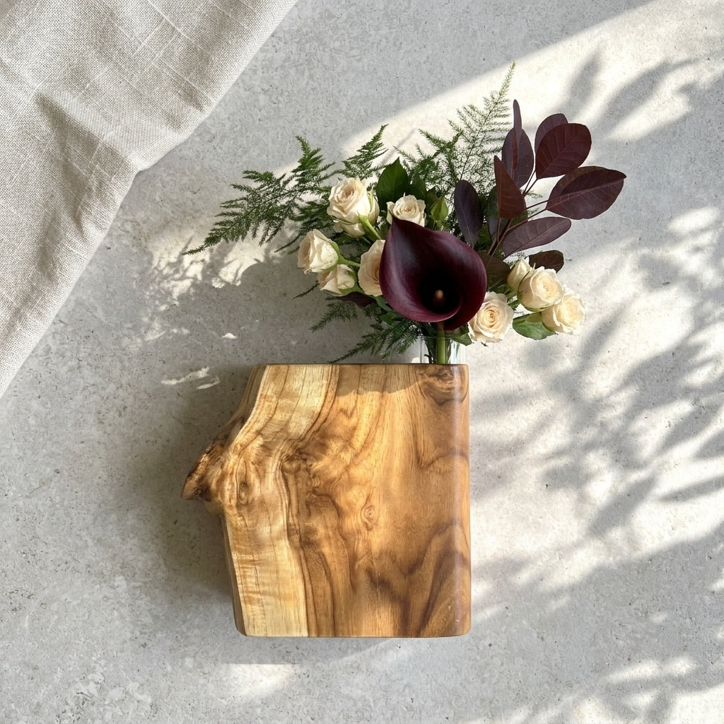 Live Edge Teak Vase in natural finish with fresh flowers