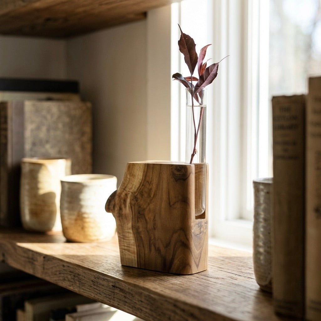 Live Edge Teak Vase with clear test tube for displaying flowers