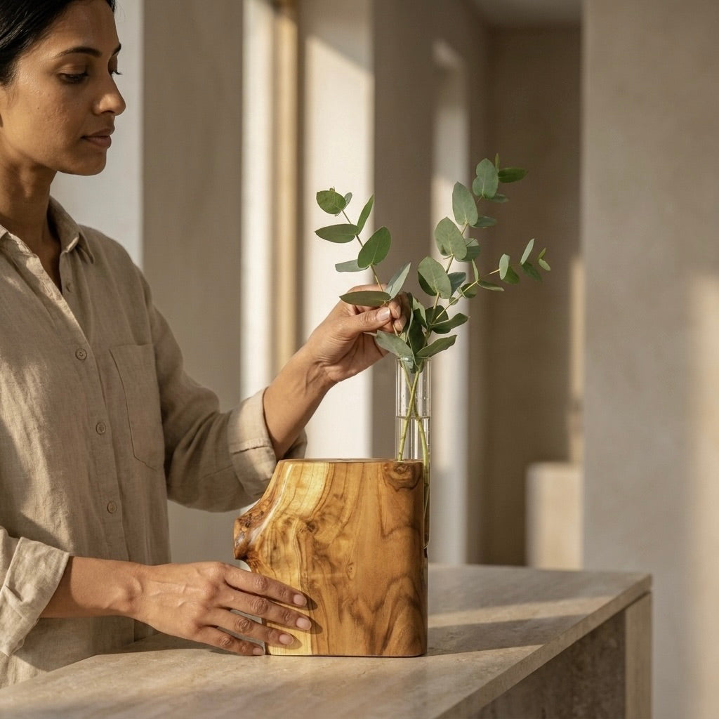 Live Edge Teak Vase in natural wood finish holding flowers
