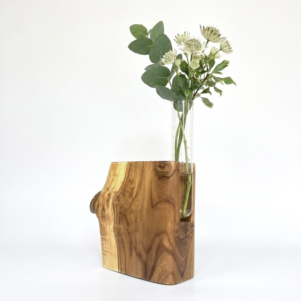 Live Edge Teak Vase with glass test tube and fresh flowers