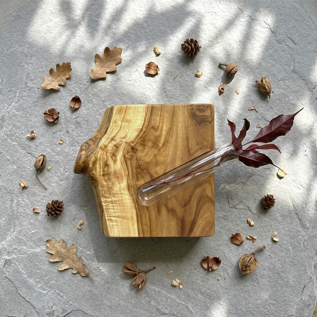 Live Edge Teak Vase with clear glass test tube for displaying flowers