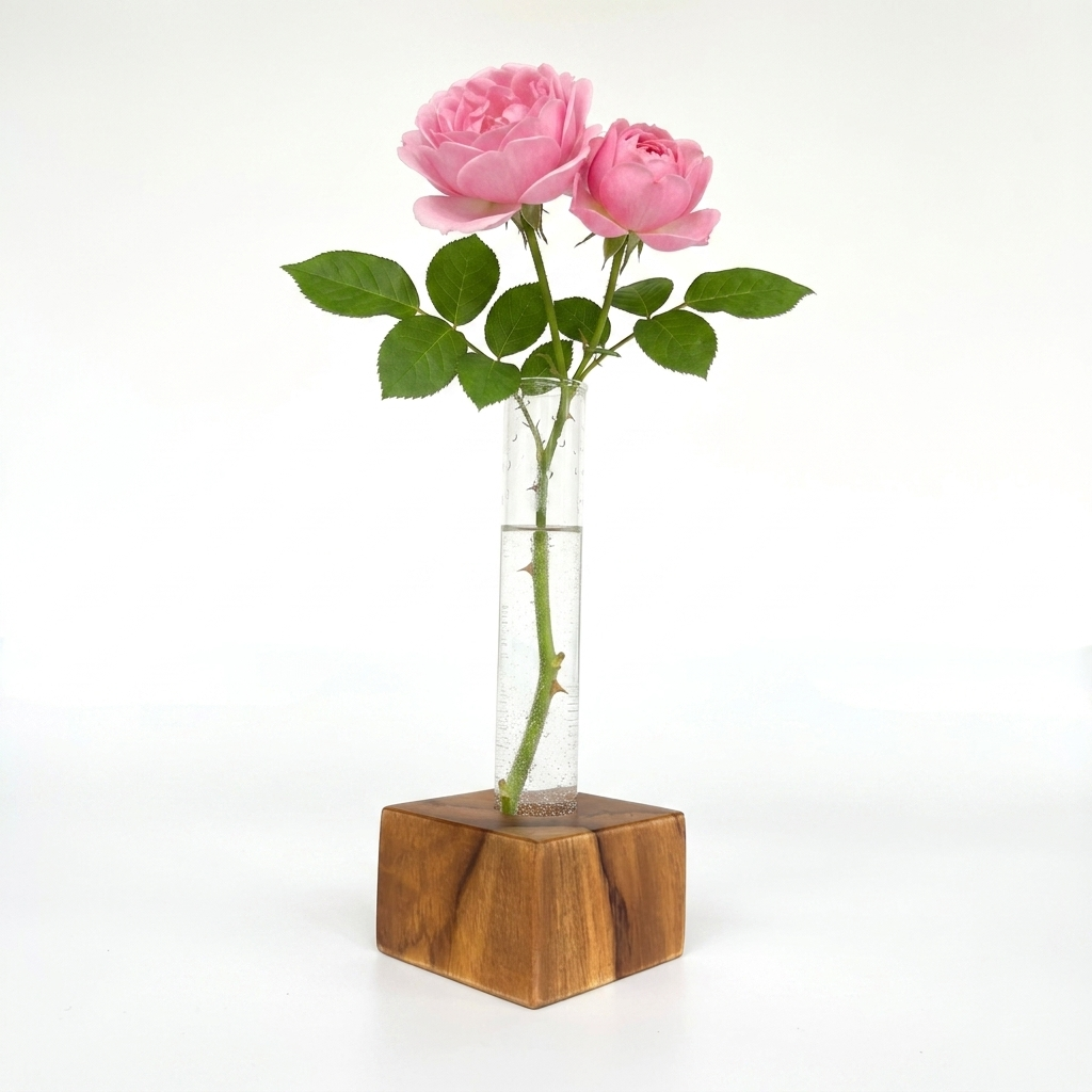 Mini Teak Bud Vase with Glass Test Tube and Pink Roses