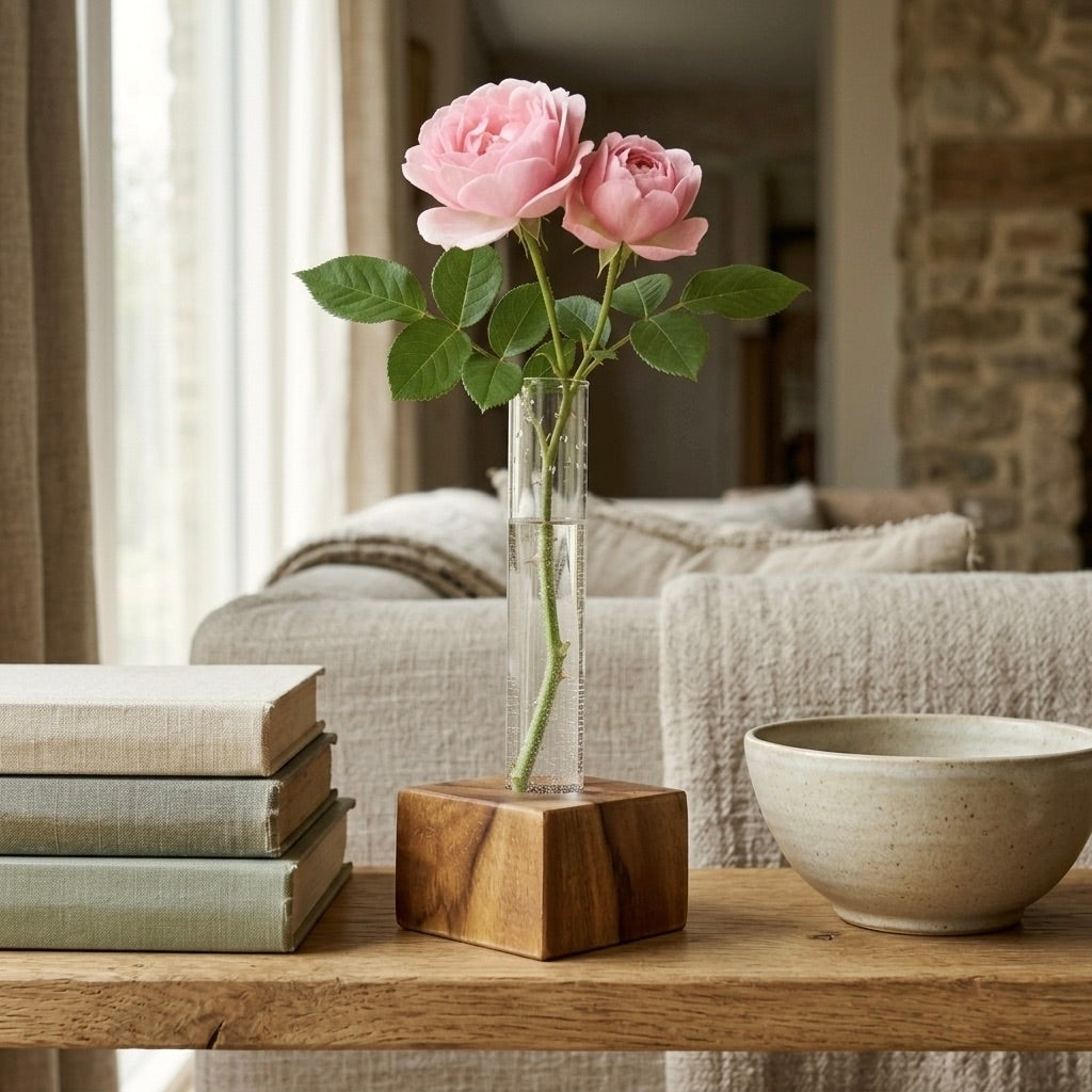 Mini Teak Bud Vase with Clear Test Tube and Pink Flowers on a Wooden Table