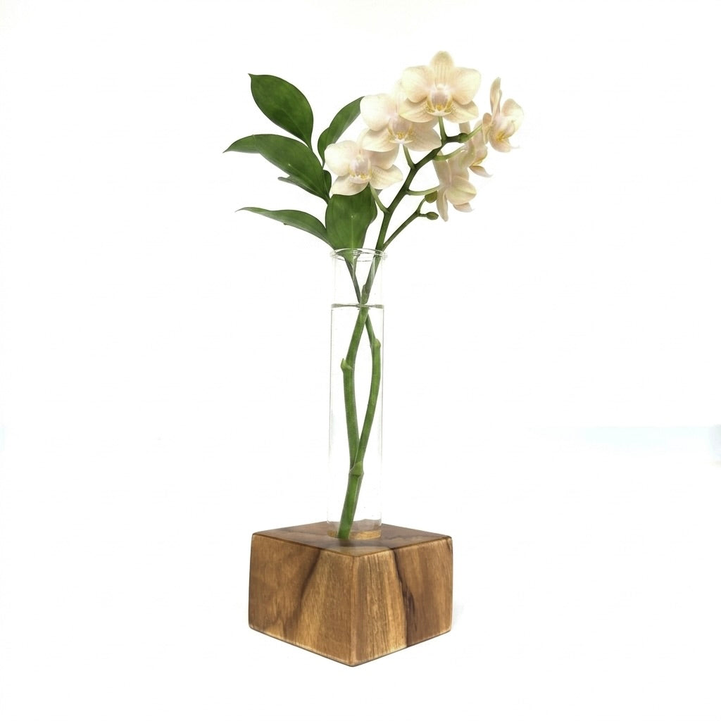 Mini Teak Bud Vase with glass tube and fresh flower arrangement