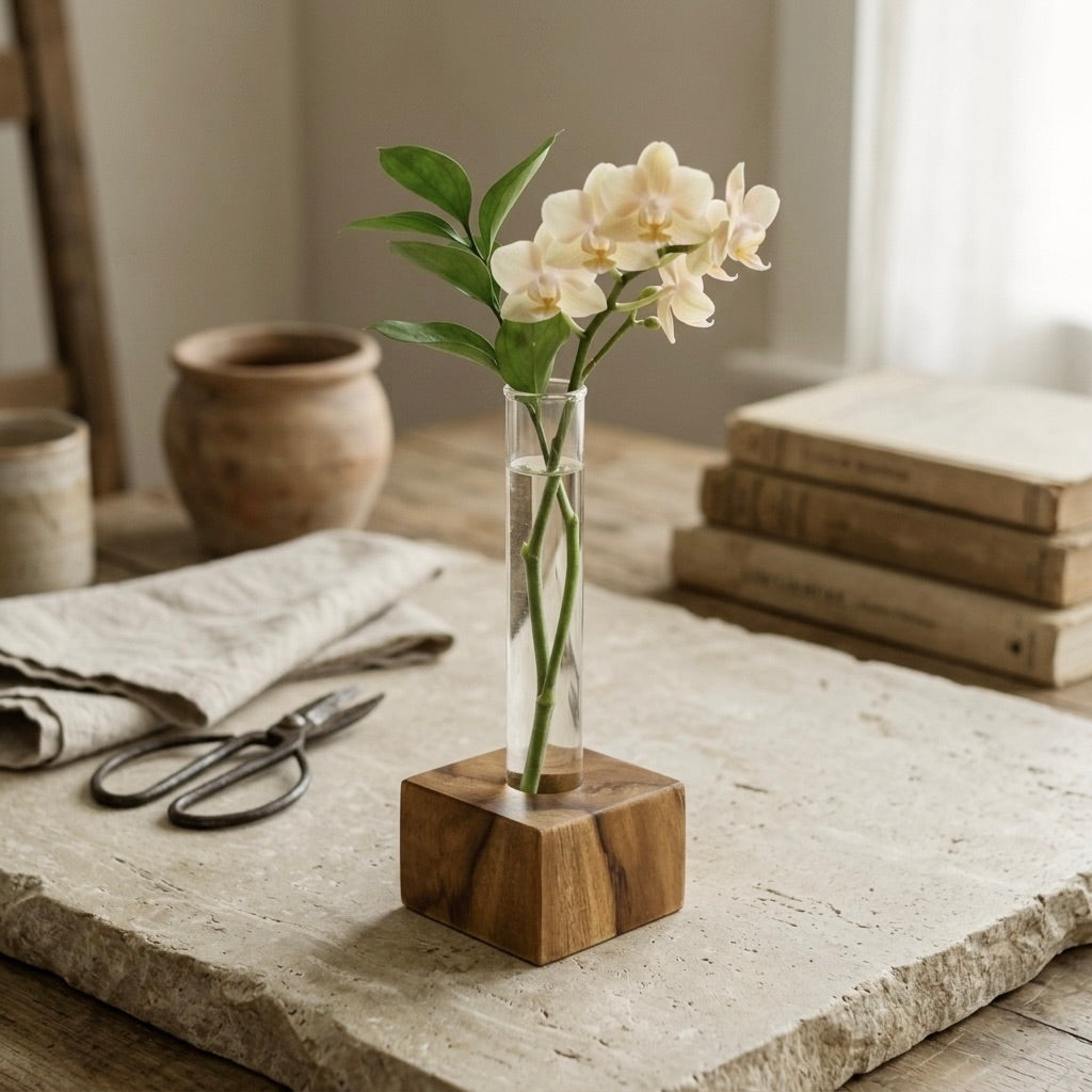 Mini Teak Bud Vase with clear glass tube and natural wood base for displaying flowers
